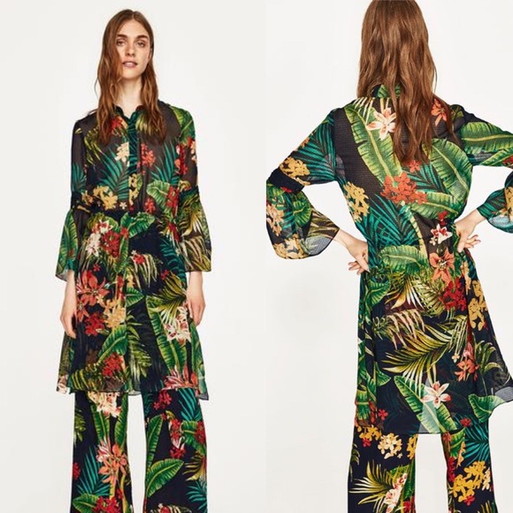 Zara Tops - ZARA SHEER TROPICAL PRINT TUNIC